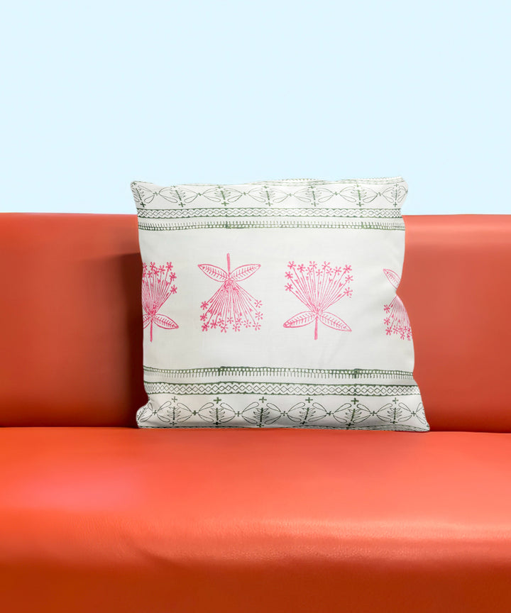 Pink white cotton hand block printed cushion cover