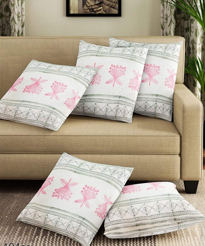 Pink white cotton hand block printed cushion cover