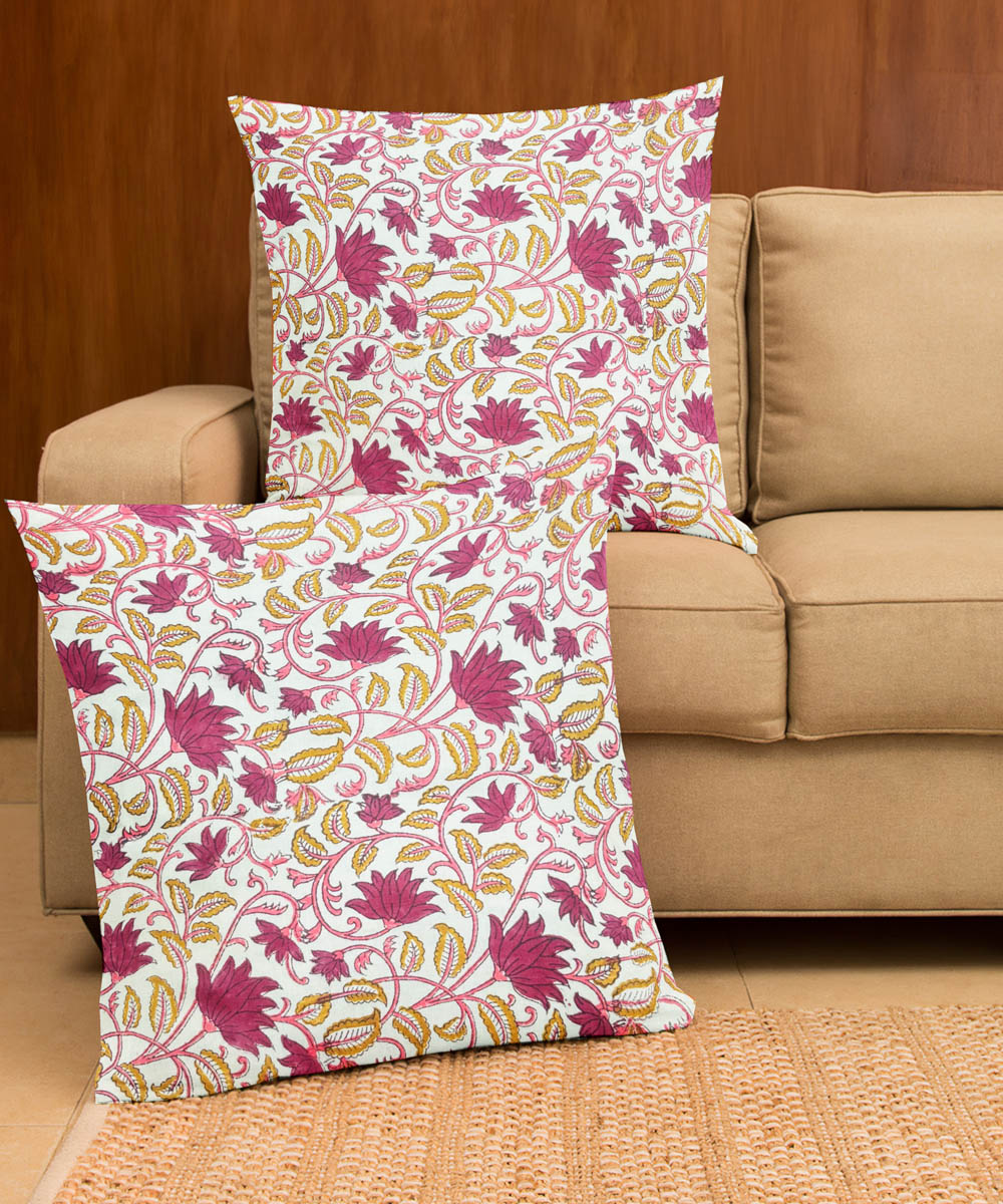 Pink white hand block printed cotton cushion cover