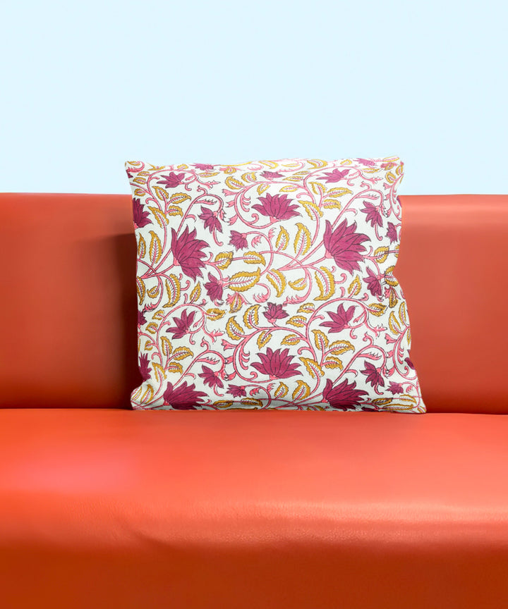 Pink white hand block printed cotton cushion cover