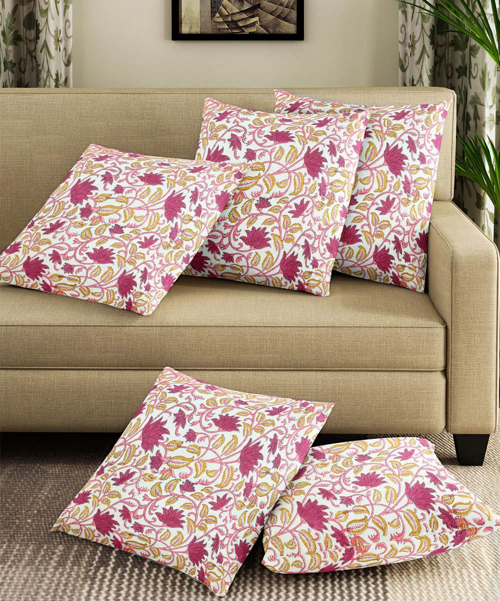 Pink white hand block printed cotton cushion cover