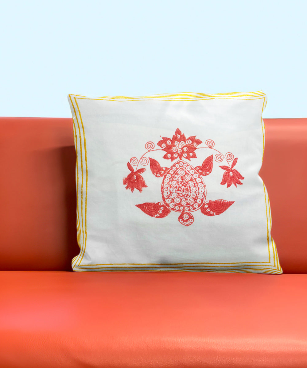 Red white yellow hand block printed cotton cushion cover