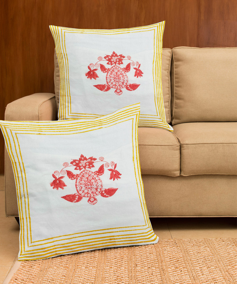 Red white yellow hand block printed cotton cushion cover