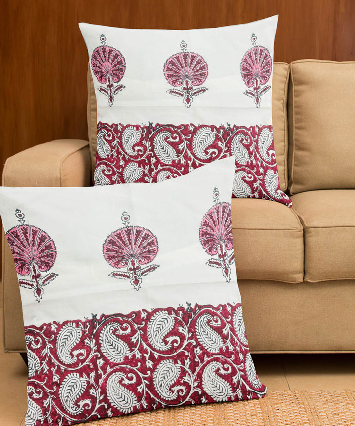 Purple white hand block printed cotton cushion cover