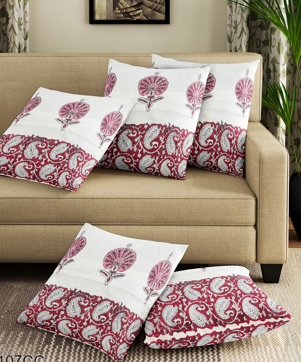 Purple white hand block printed cotton cushion cover