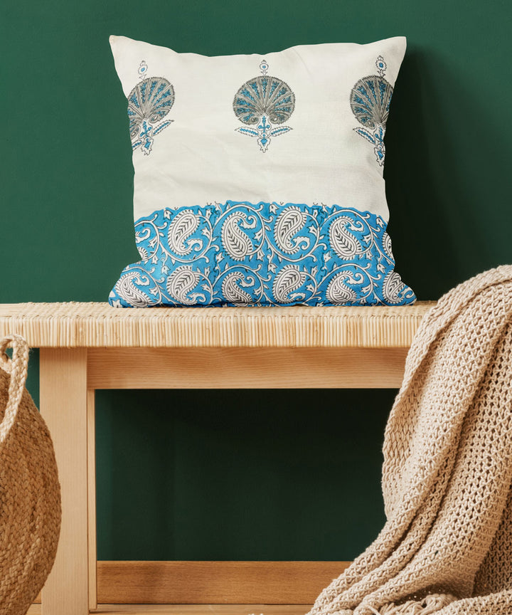 Sky blue white hand block printed cotton cushion cover