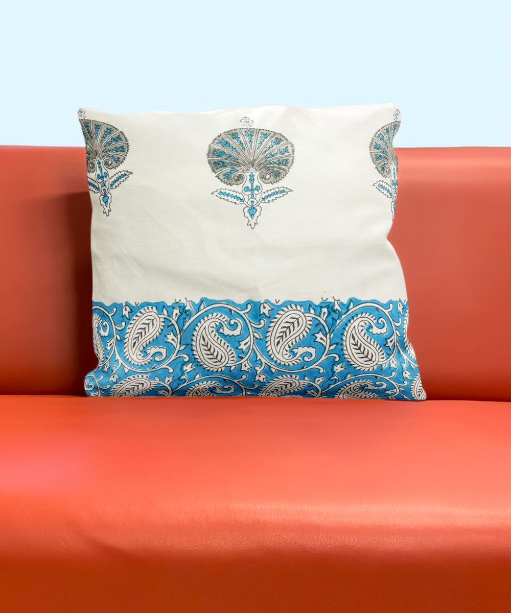 Sky blue white hand block printed cotton cushion cover