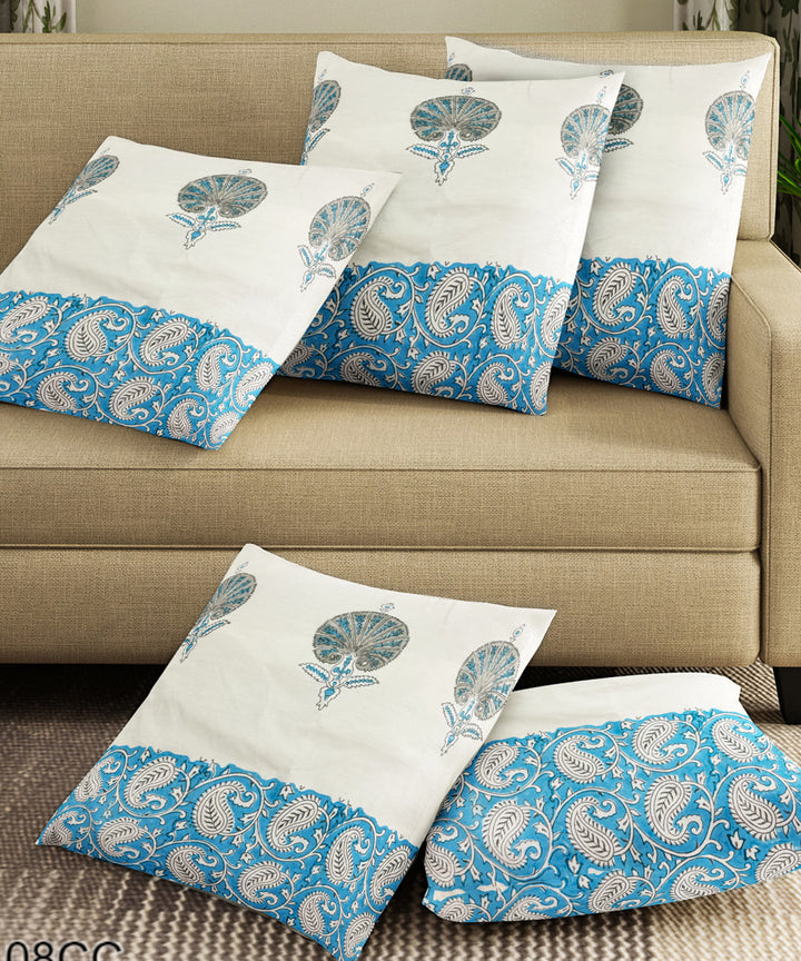 Sky blue white hand block printed cotton cushion cover