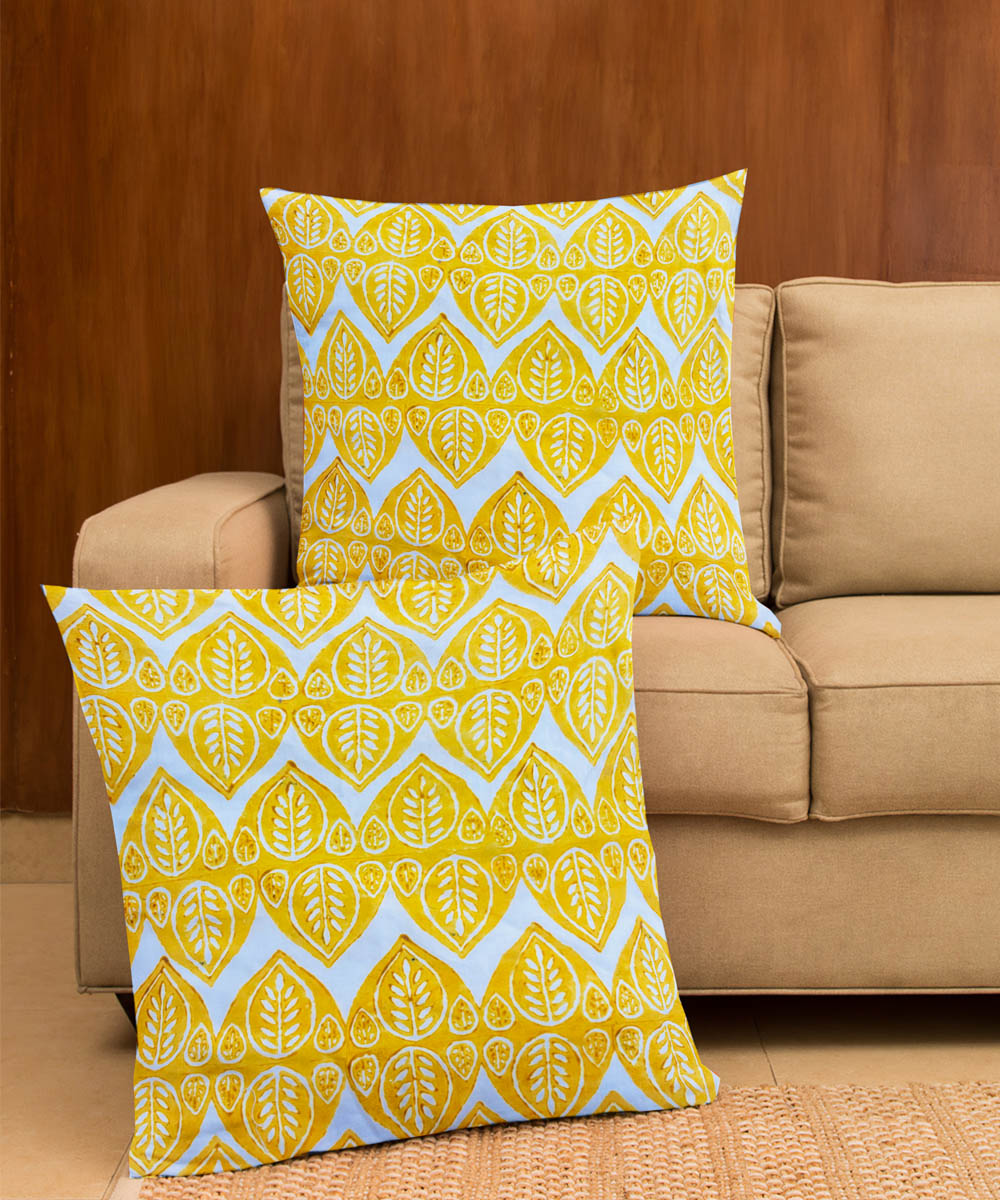 Yellow white hand block printed cotton cushion cover