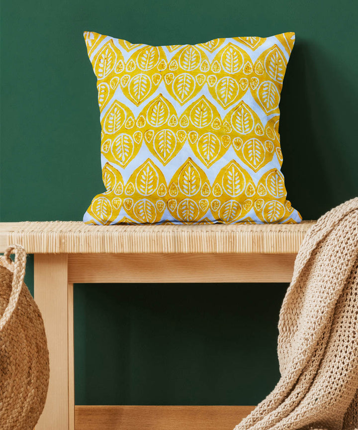 Yellow white hand block printed cotton cushion cover