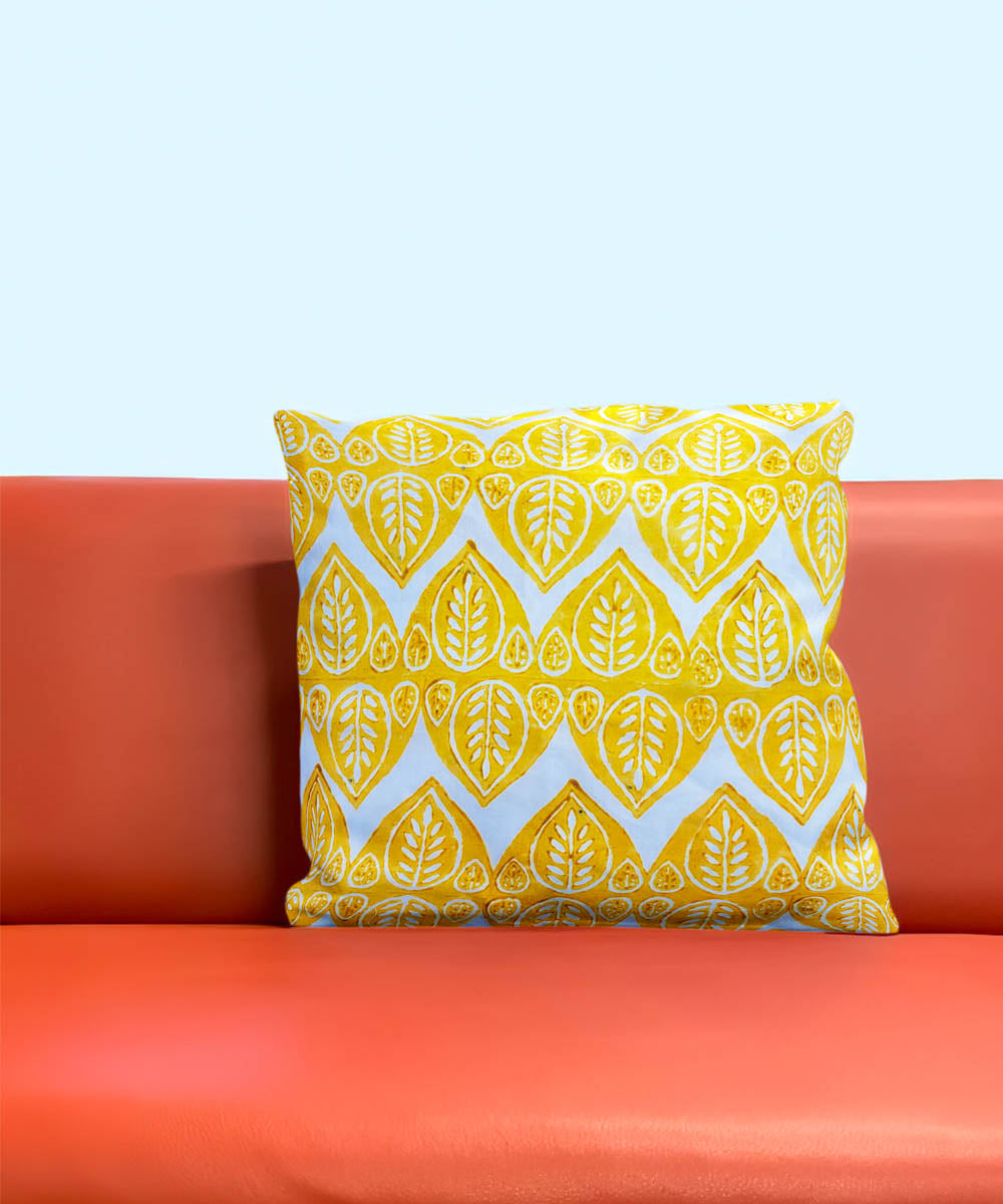 Yellow white hand block printed cotton cushion cover