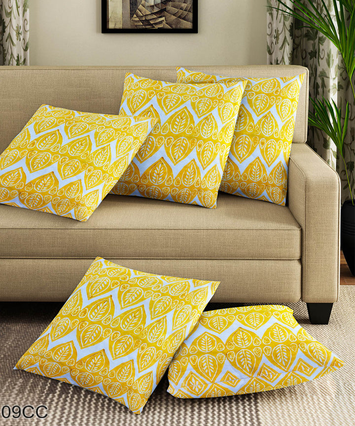 Yellow white hand block printed cotton cushion cover