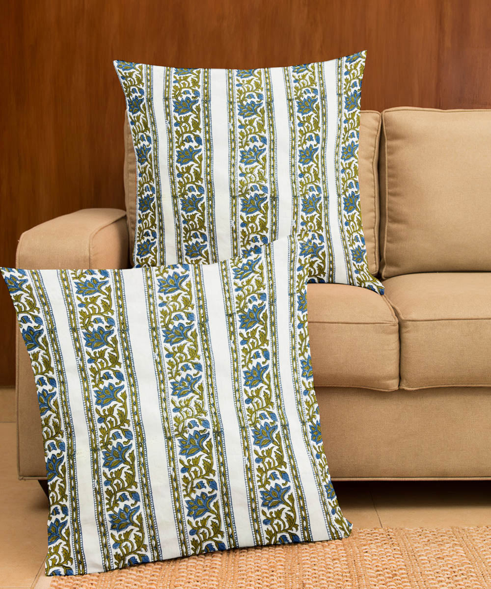 Dark green white hand block printed cotton cushion cover