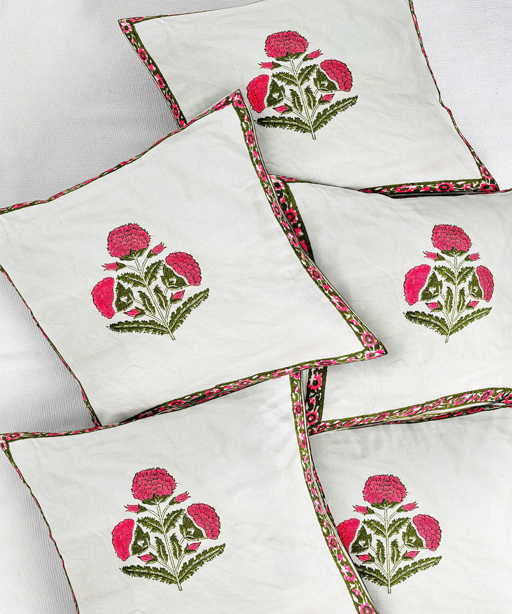 Red white hand block printed cotton cushion cover