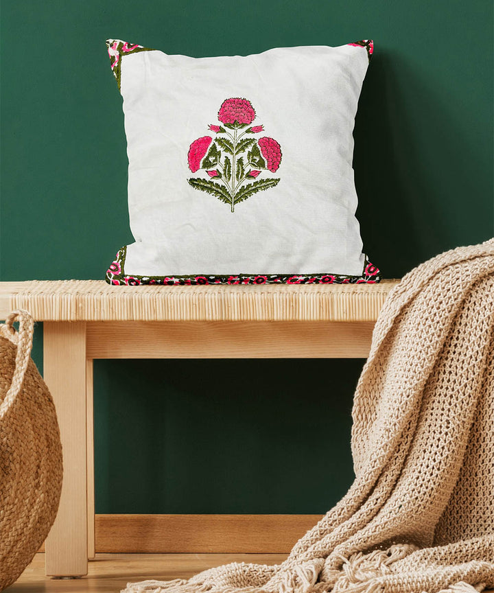 Red white hand block printed cotton cushion cover