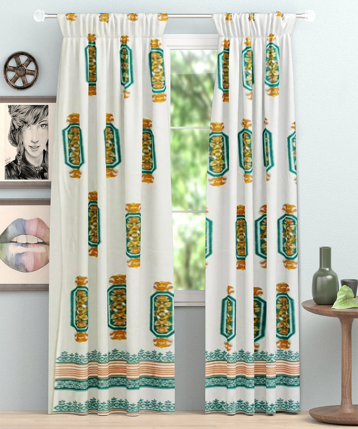 Dark green white hand block printed cotton curtain