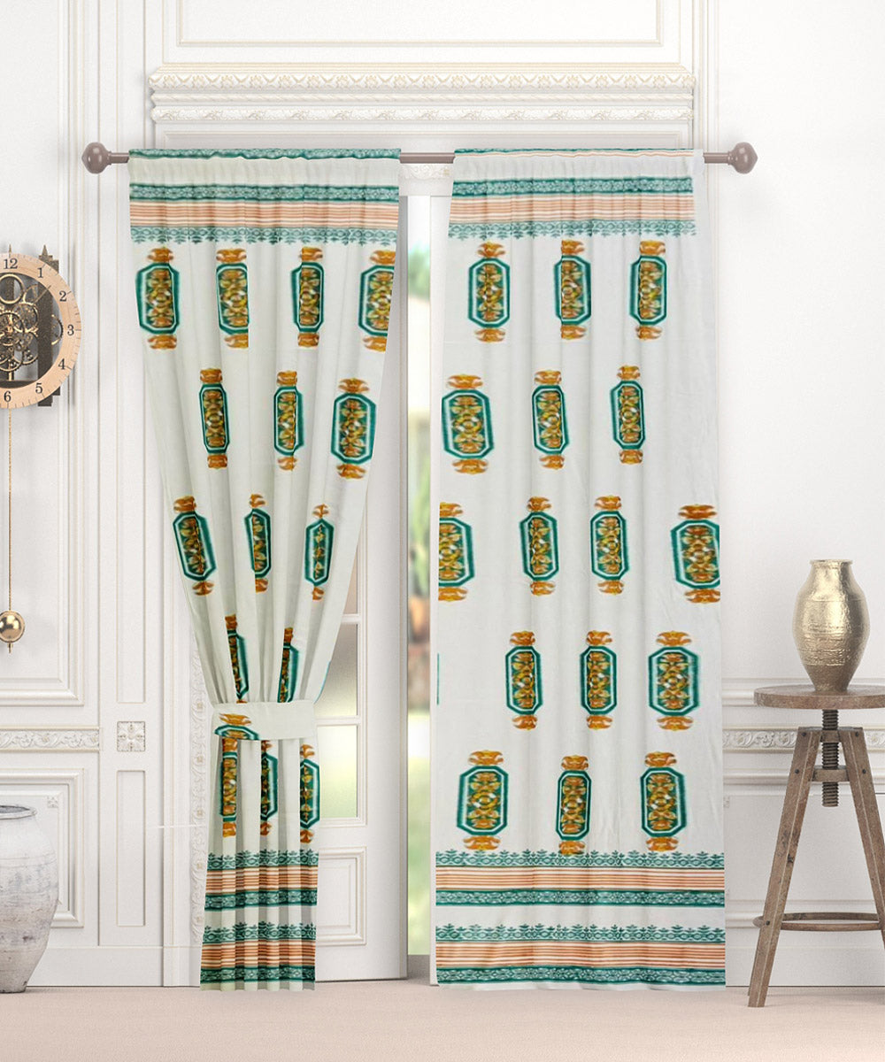 Dark green white hand block printed cotton curtain