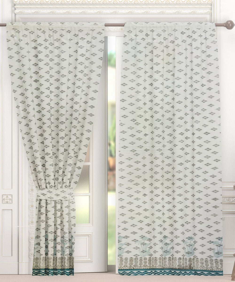 Grey white cotton hand block printed curtain