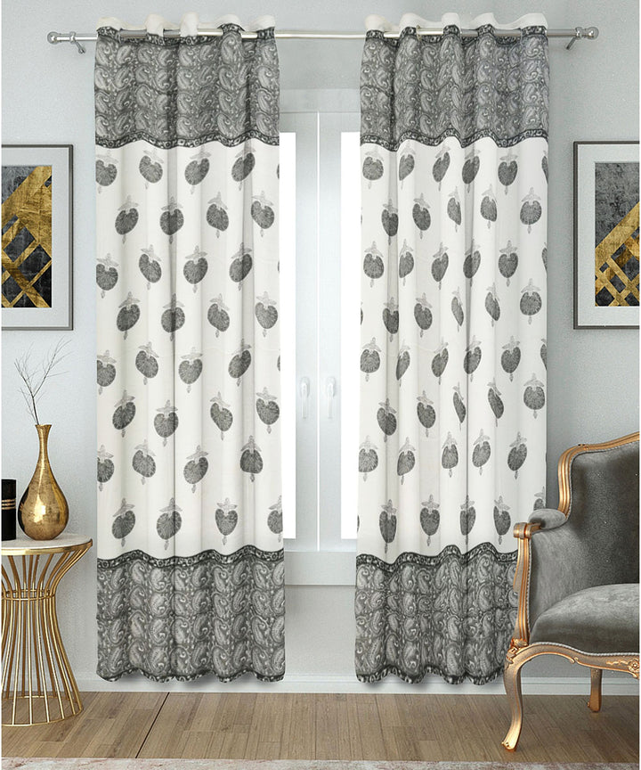 Grey white hand block printed cotton curtain