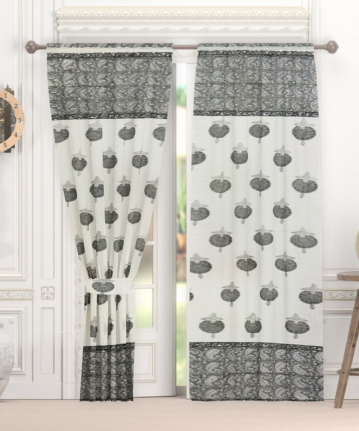 Grey white hand block printed cotton curtain