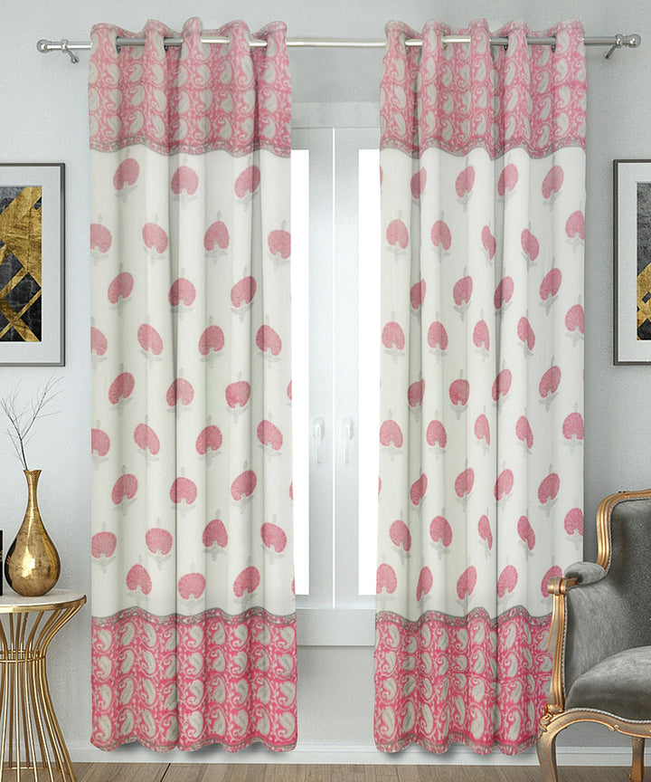 Pink white cotton hand block printed curtain