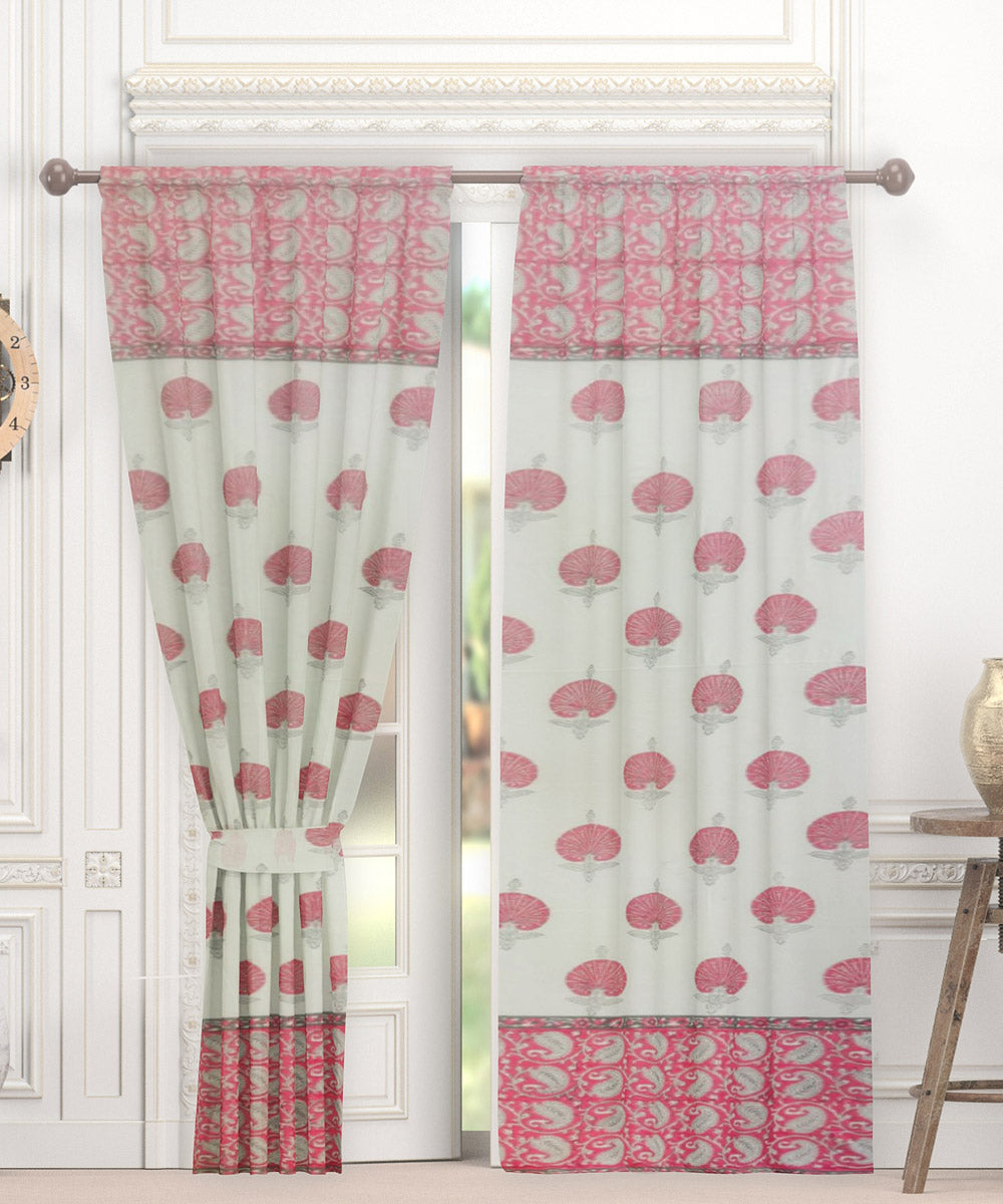 Pink white cotton hand block printed curtain