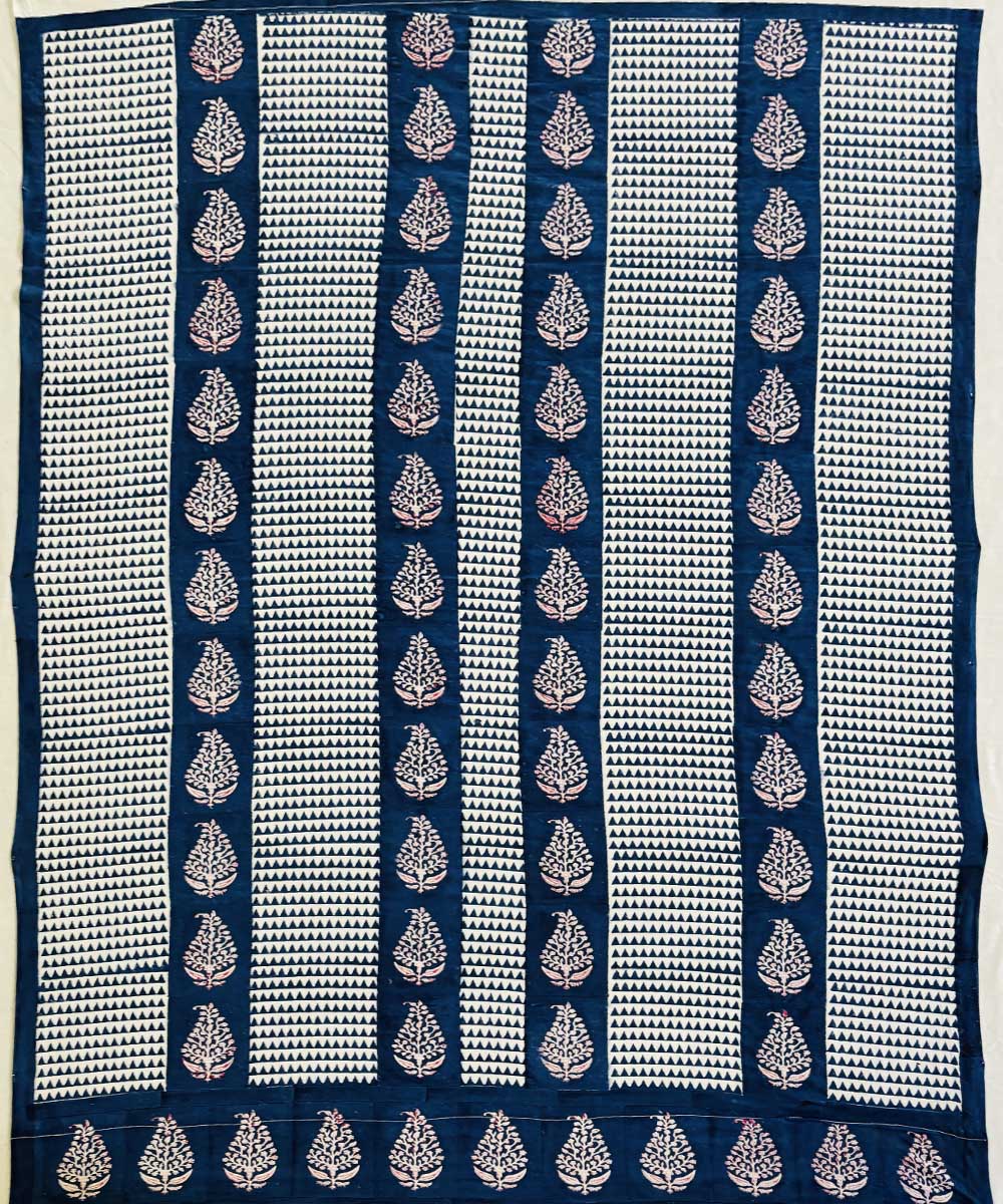 Navy blue grey hand block printed cotton curtain