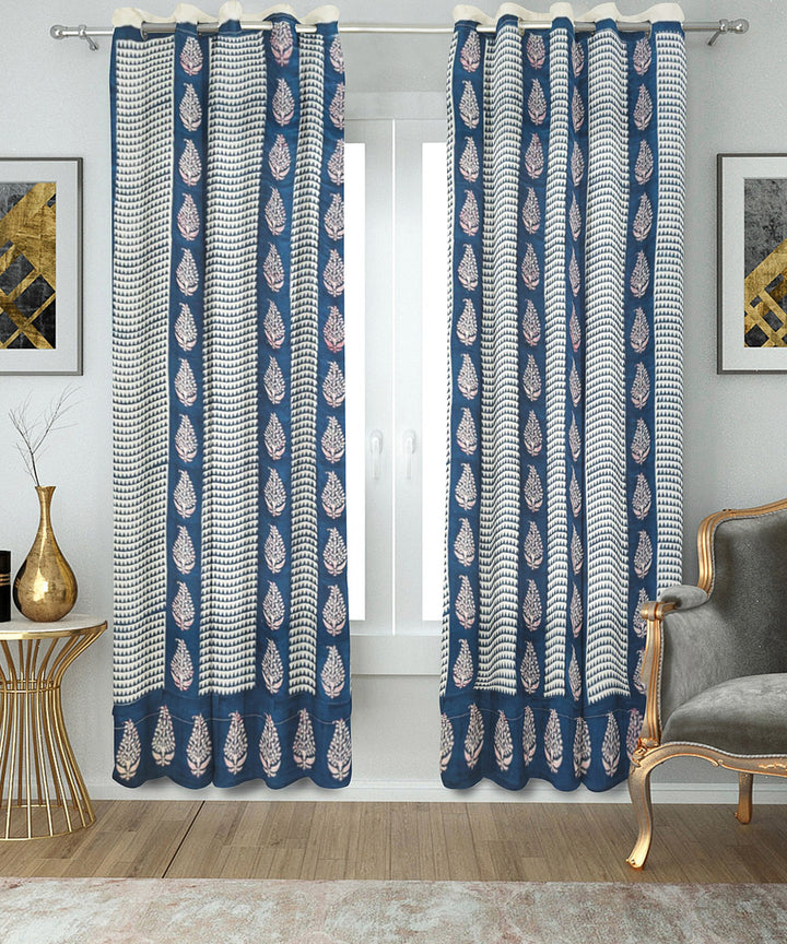 Navy blue grey hand block printed cotton curtain