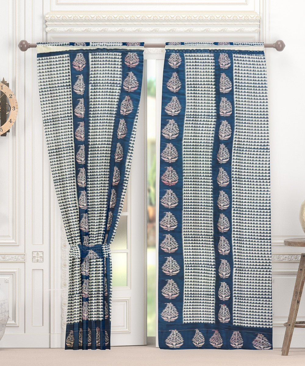 Navy blue grey hand block printed cotton curtain