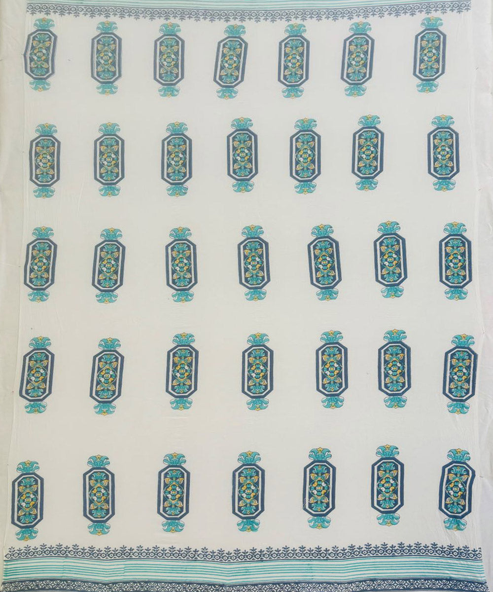 Cyan blue white hand block printed cotton curtain