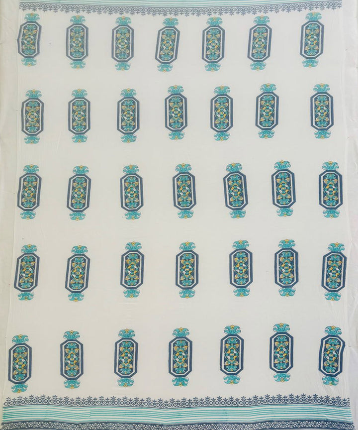 Cyan blue white hand block printed cotton curtain