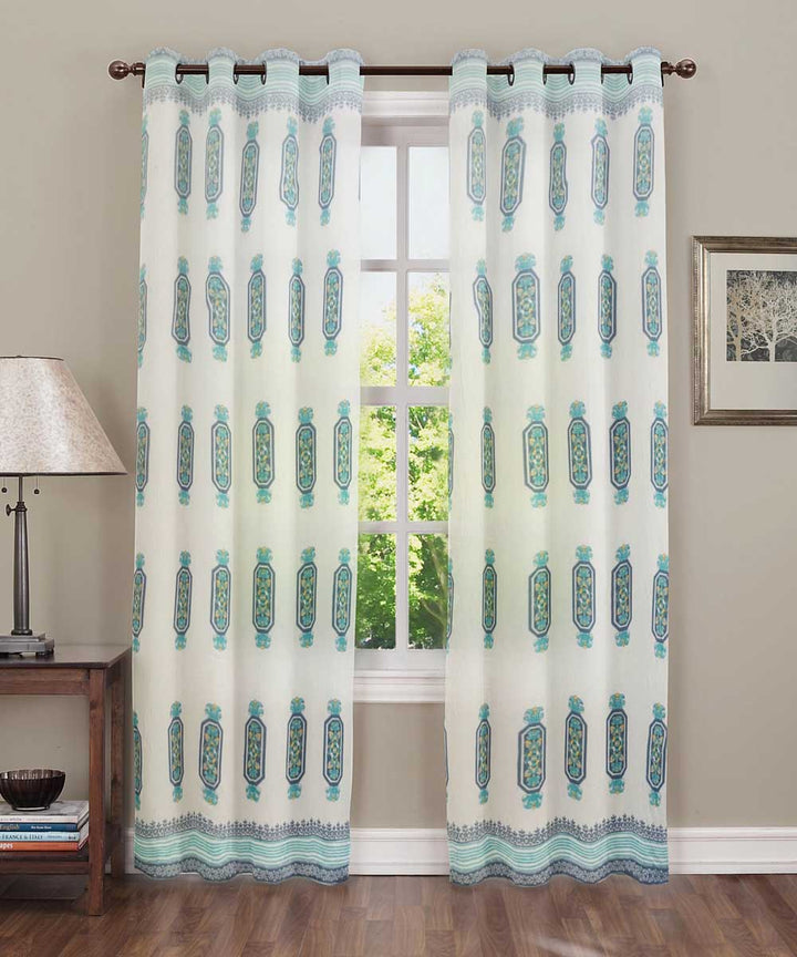 Cyan blue white hand block printed cotton curtain