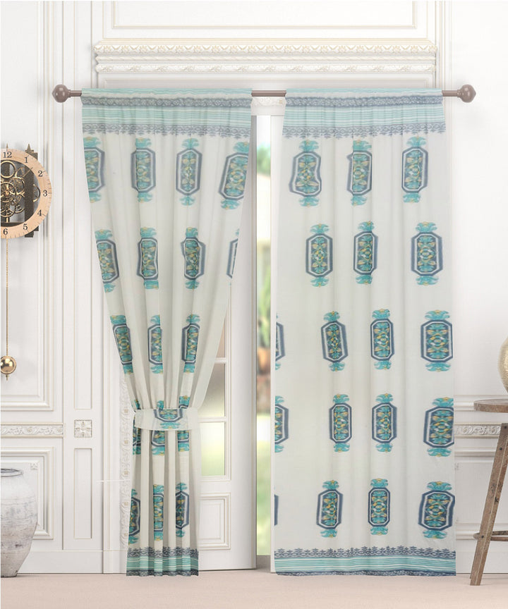 Cyan blue white hand block printed cotton curtain