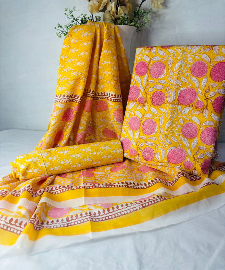 3pcs yellow pink cotton hand block printed dress material