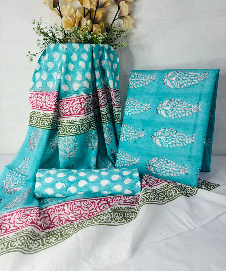 3pcs sky blue pink hand block printed cotton dress material