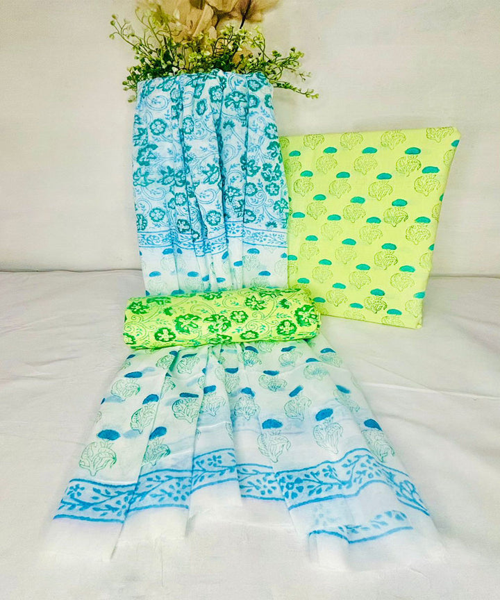 3pcs sky blue yellow hand block printed cotton dress material