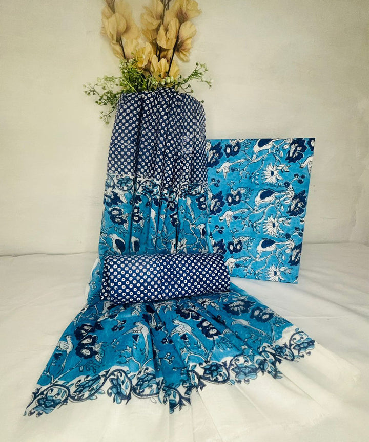 3pcs navy blue sky blue hand block printed cotton dress material