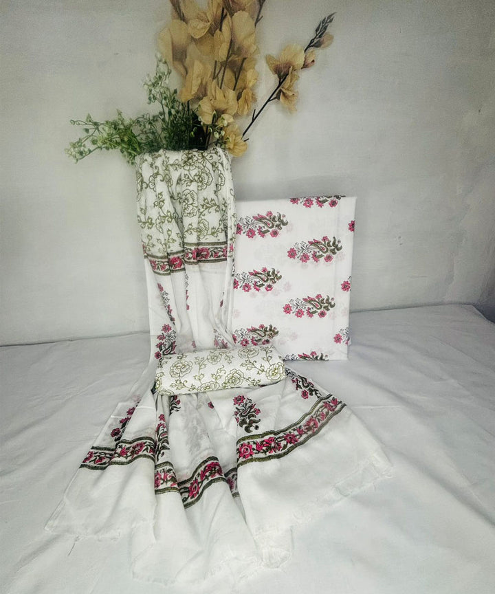 3pcs white red hand block printed cotton dress material