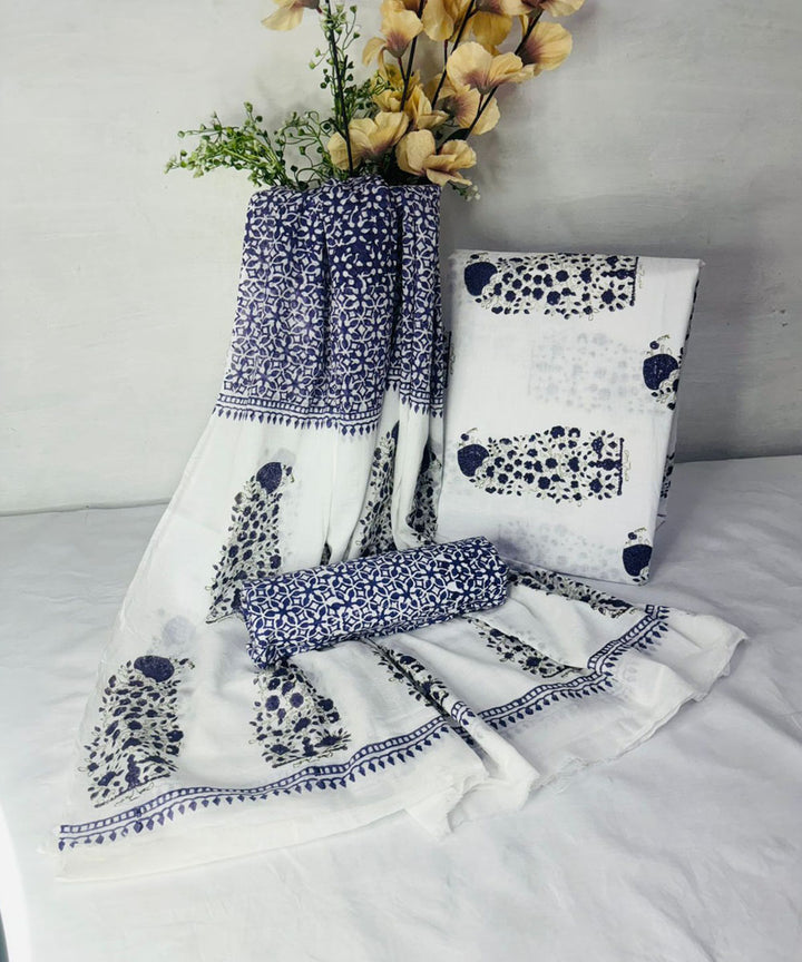 3pcs white navy blue hand block printed cotton dress material