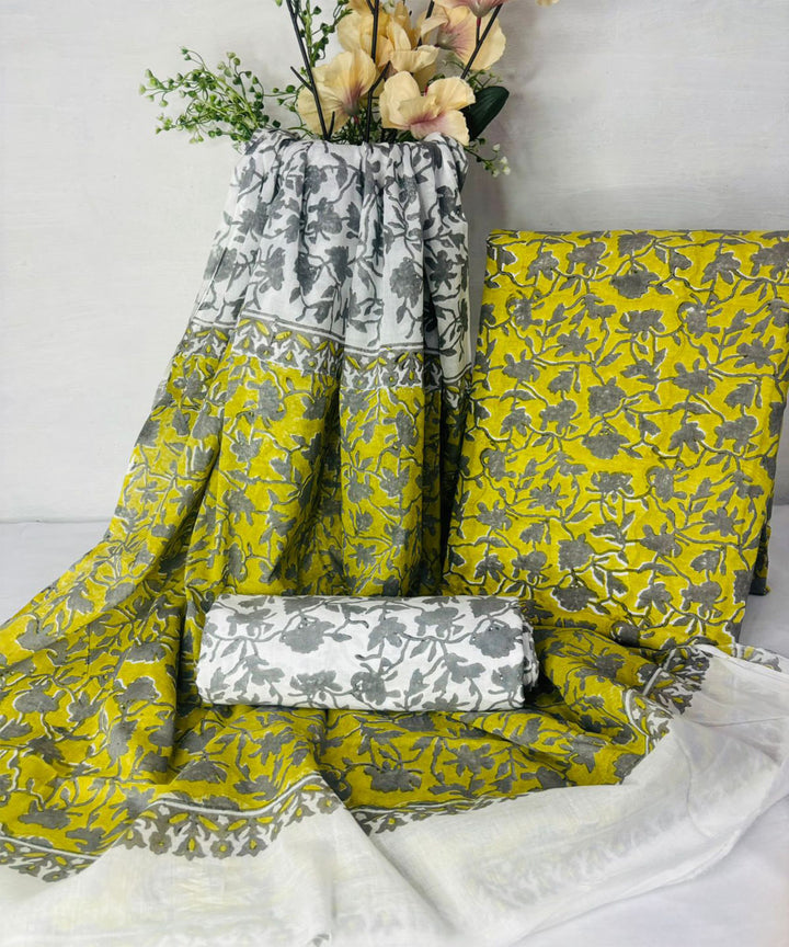 3pcs yellow grey hand block printed cotton dress material