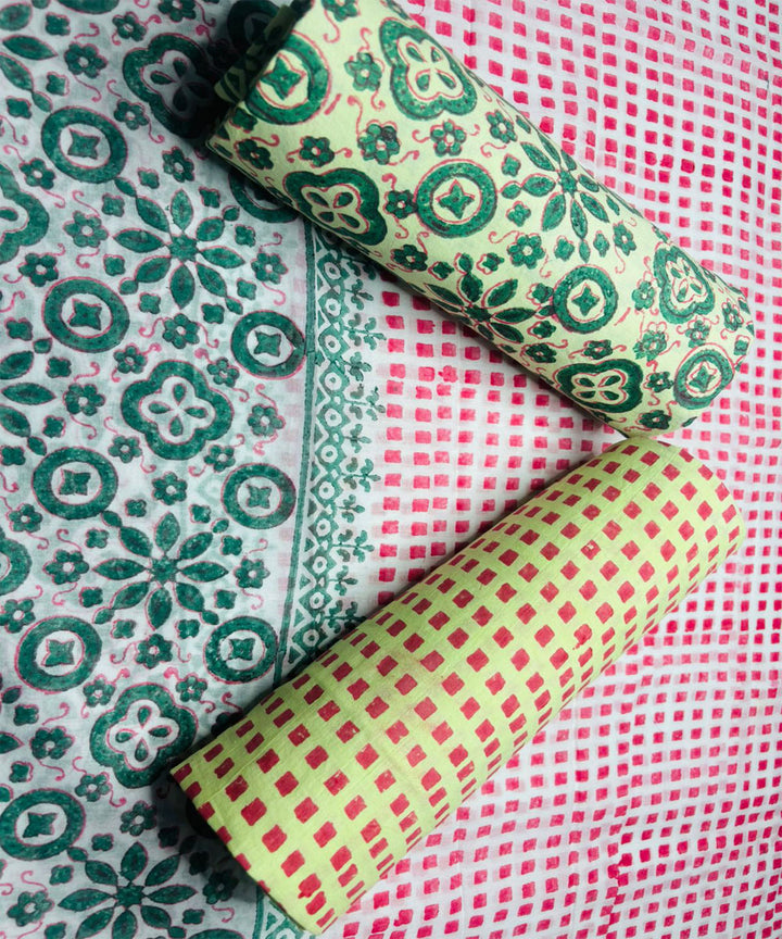 3pcs red green hand block printed cotton dress material