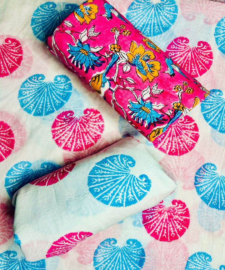 3pcs pink sky blue hand block printed cotton dress material