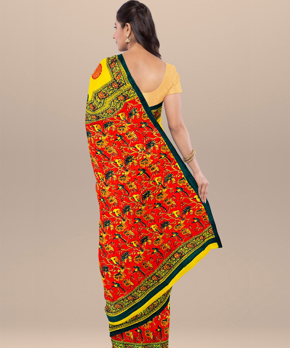 Yellow green hand block printed cotton saree