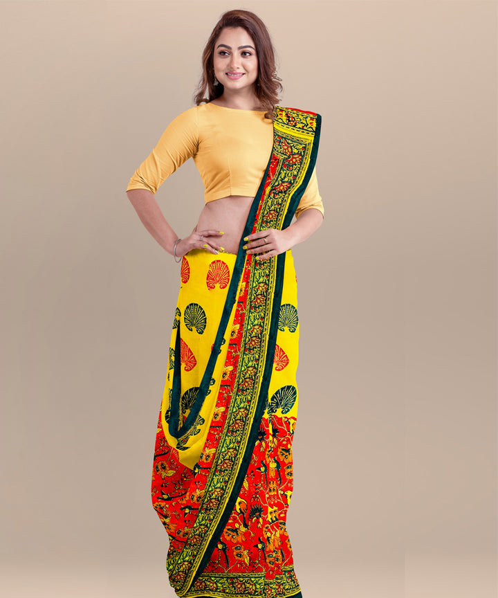 Yellow green hand block printed cotton saree