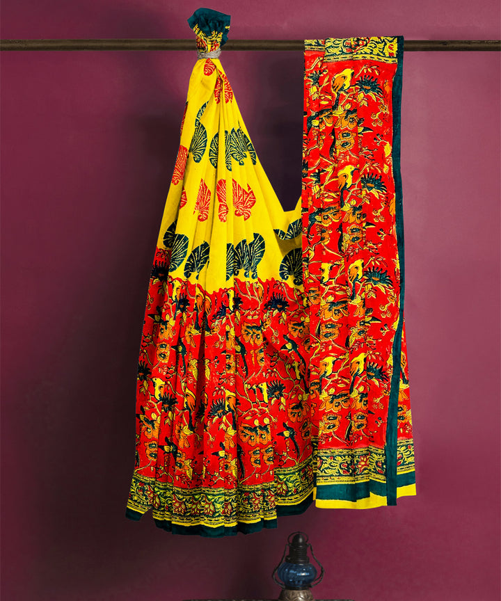 Yellow green hand block printed cotton saree