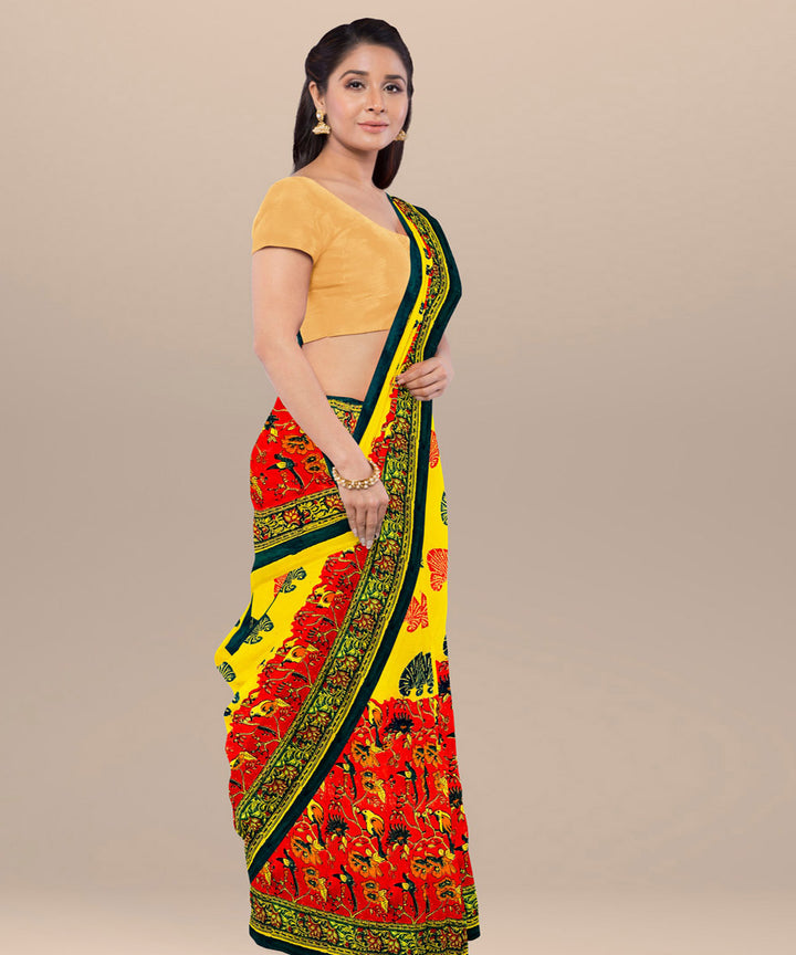 Yellow green hand block printed cotton saree