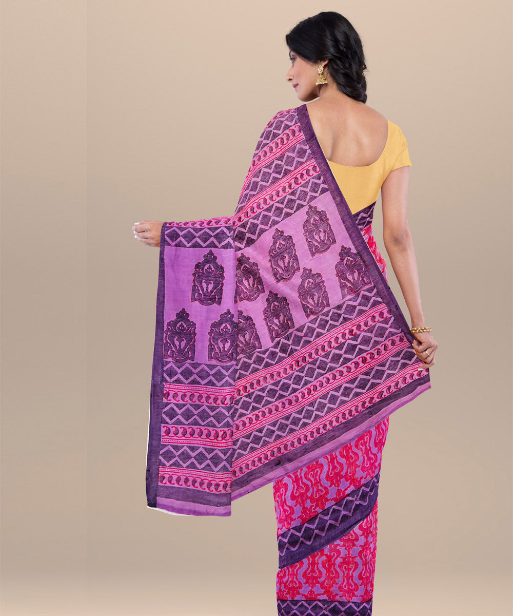 Pink blue cotton hand block printed saree