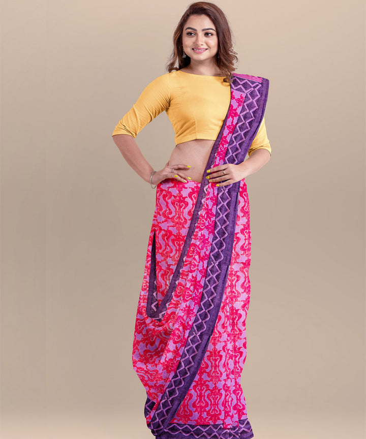 Pink blue cotton hand block printed saree