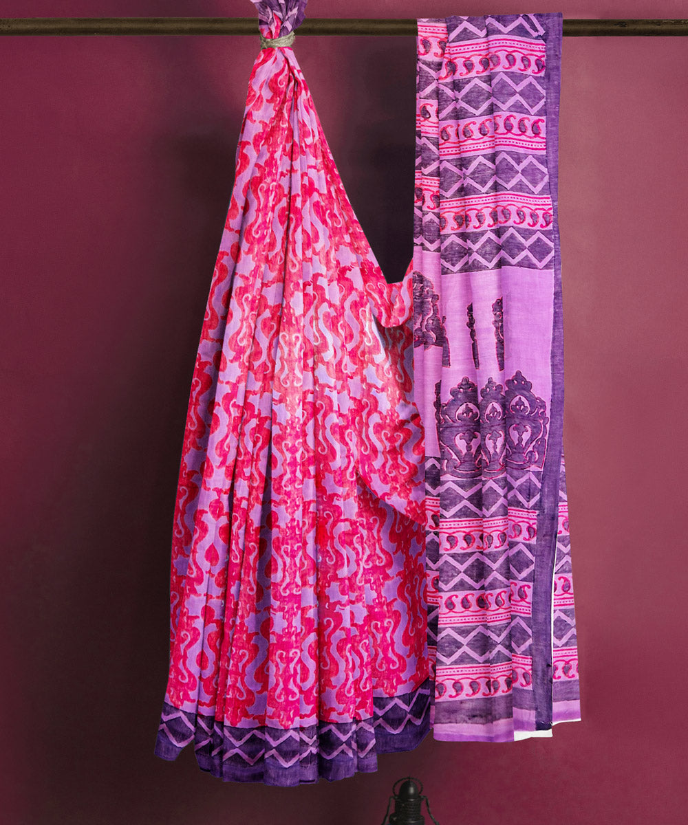 Pink blue cotton hand block printed saree