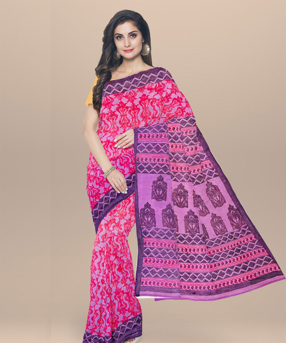 Pink blue cotton hand block printed saree